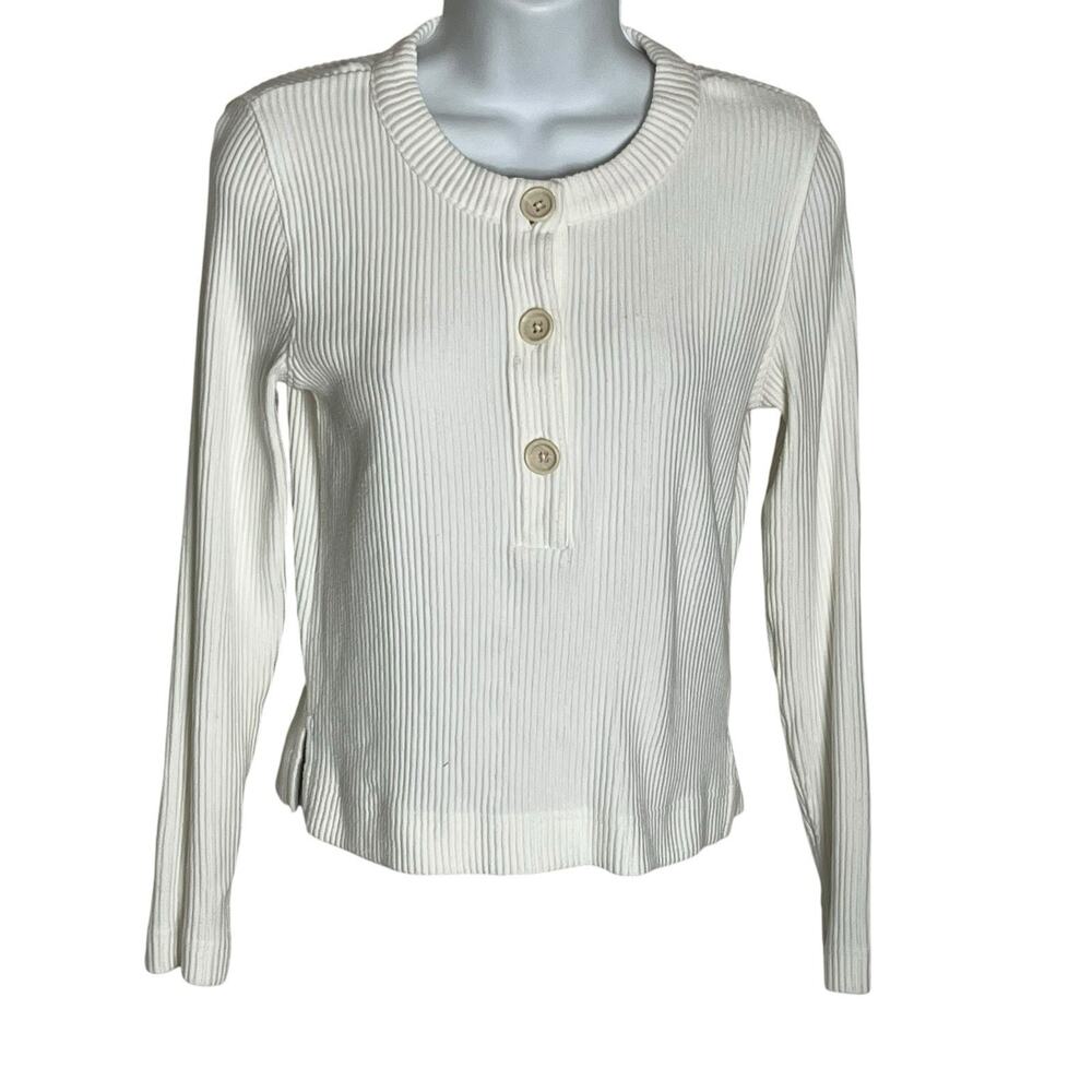 Club Monaco Henley Ottoman Top Size S Long Sleeve Crew Neck Ecru Coastal Soft - Picture 3 of 12
